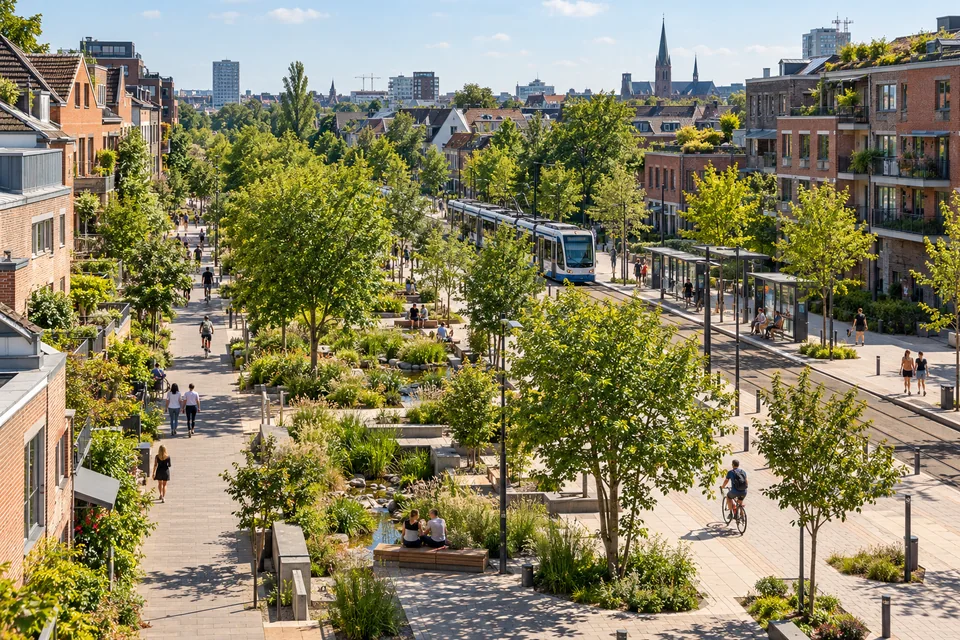 Trees, planted water channels, homes and a tram share an imagined neighbourhood in summer.