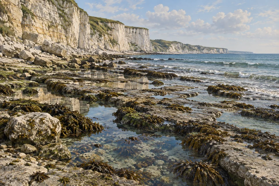 Chalk cliffs rise above a rock platform and shallow pools.