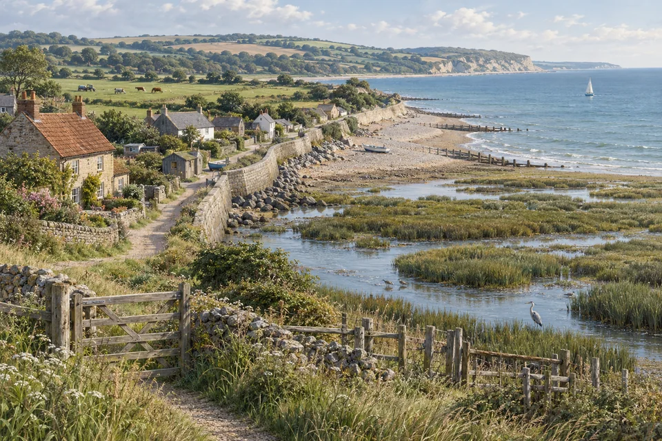 A sea wall, beach, settlement, farmland and saltmarsh share a coastline.