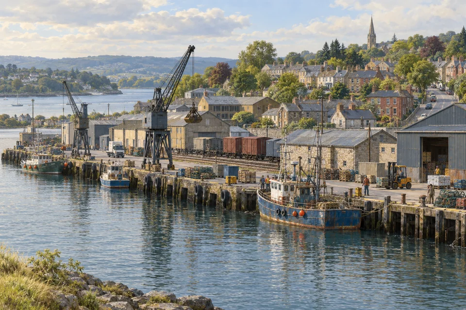 Cranes, warehouses, rail lines and neighbourhoods share a working port.