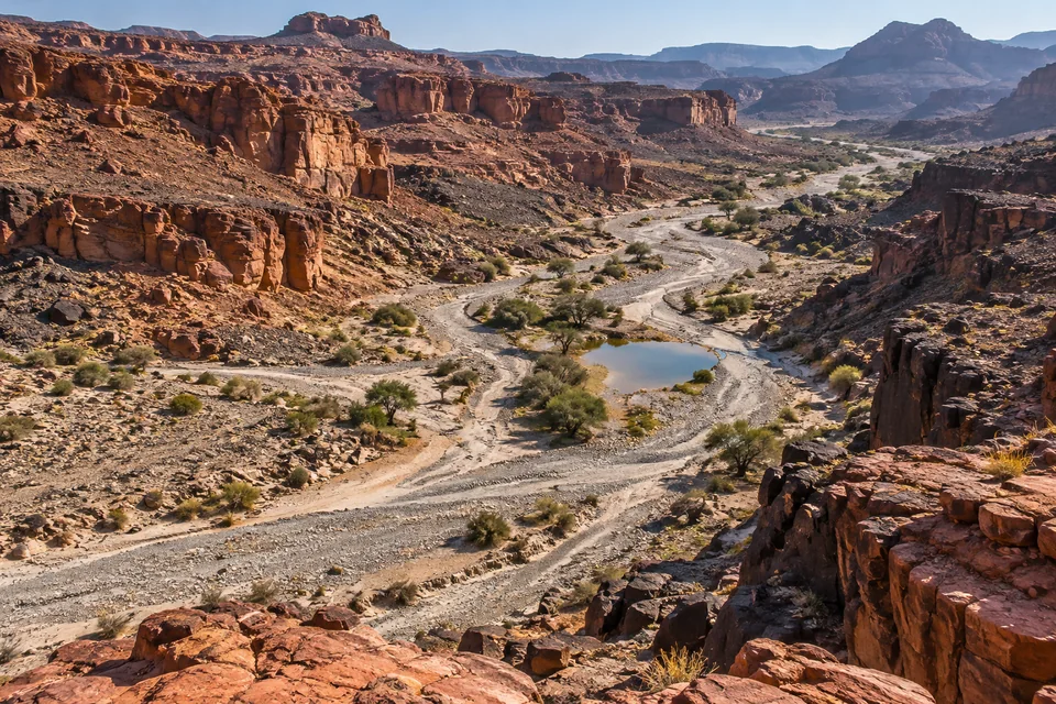 Branching gravel channels, scattered shrubs and a small pool lie between rocky desert slopes.