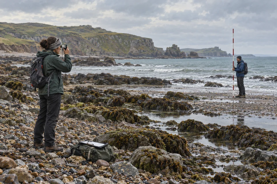 Two adults use fieldwork instruments on a rocky shore.