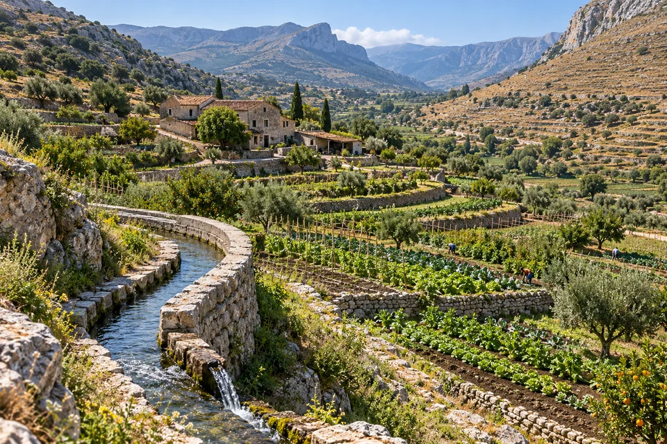 An irrigation channel crosses terraced vegetable plots and orchards in an imagined dry upland valley.