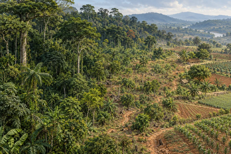 Dense forest meets secondary growth and cultivated land.