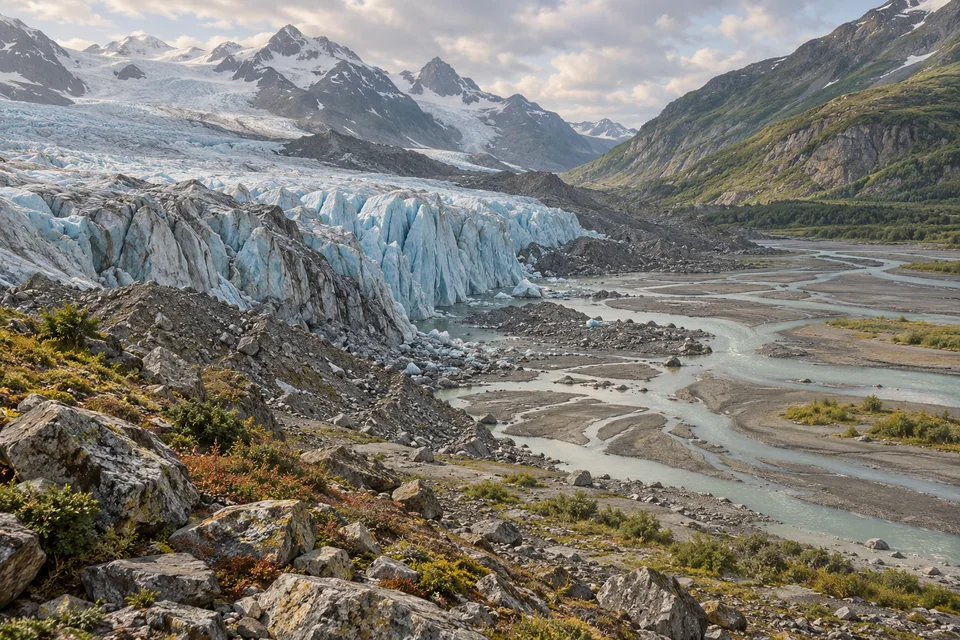 A glacier margin meets rocky moraine and branching meltwater channels.