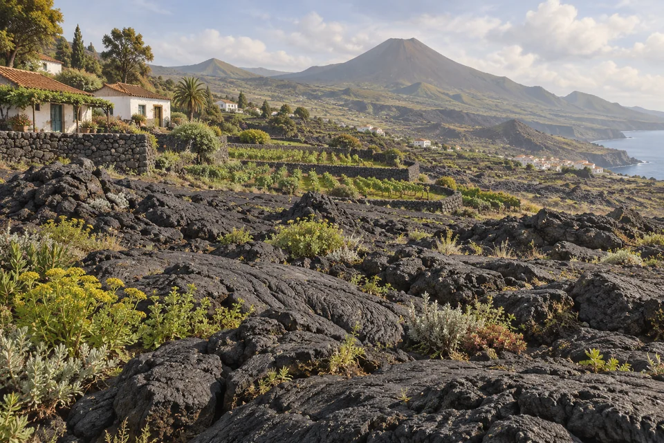 Homes, cultivated terraces and vegetation sit among cooled volcanic rock.