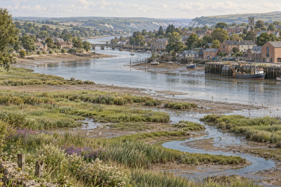 A tidal river links saltmarsh, a working waterfront and neighbourhoods.