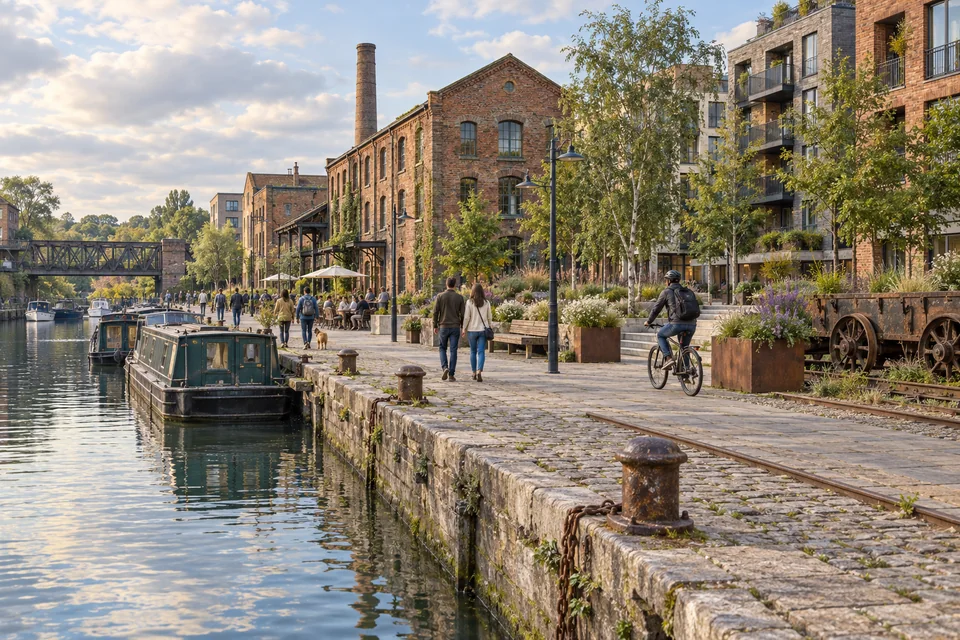 Retained brick industrial buildings, housing and a public route line a waterfront.