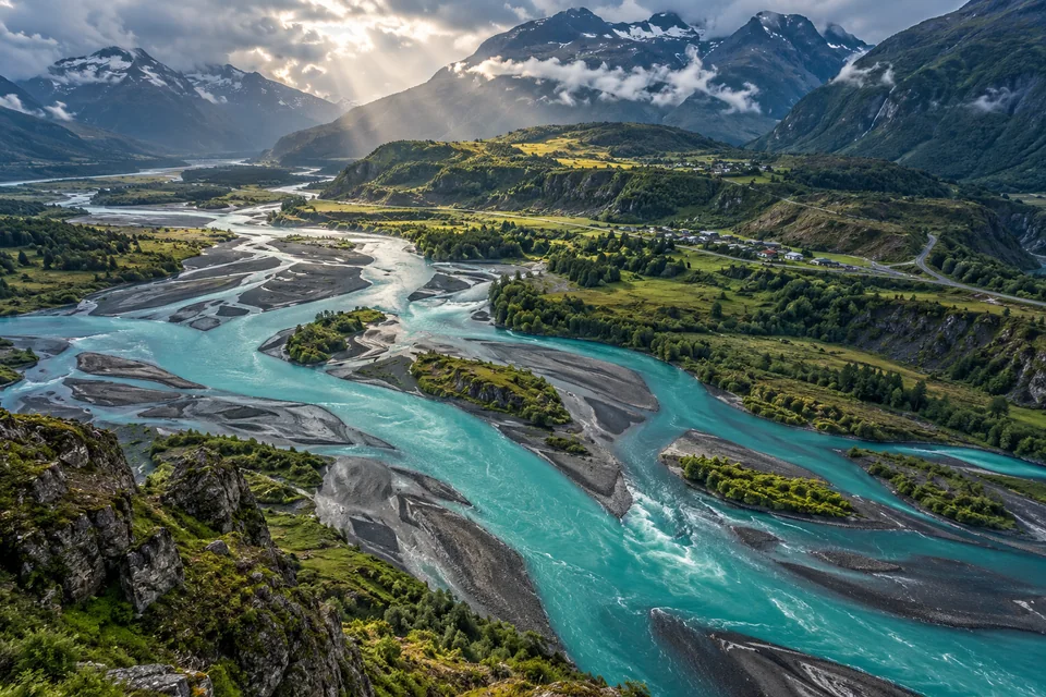 An imagined braided river running between gravel bars and green terraces.