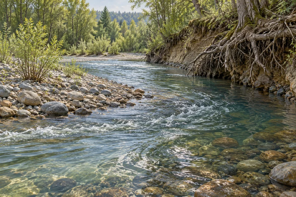 River current passes a gravel bar and an undercut bank with exposed roots.