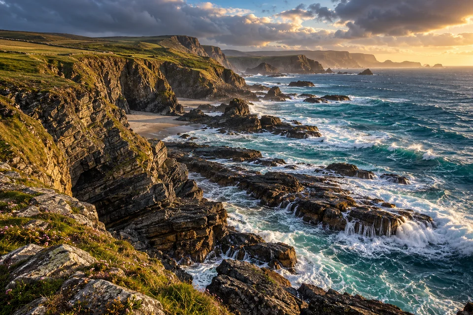 Waves breaking against an imagined rugged coastline in late afternoon light.