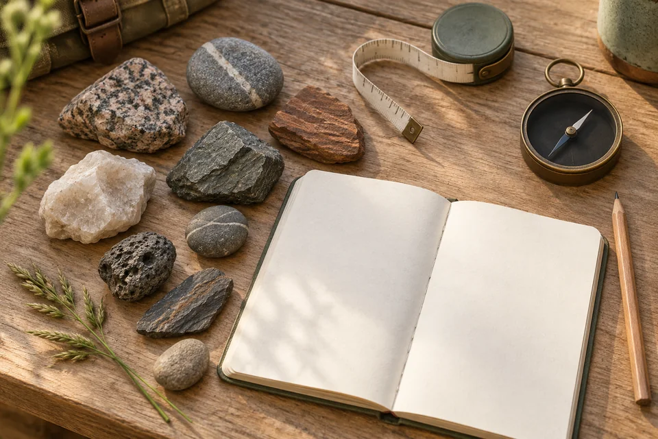 Rock samples, blank paper and simple field equipment rest on a desk.