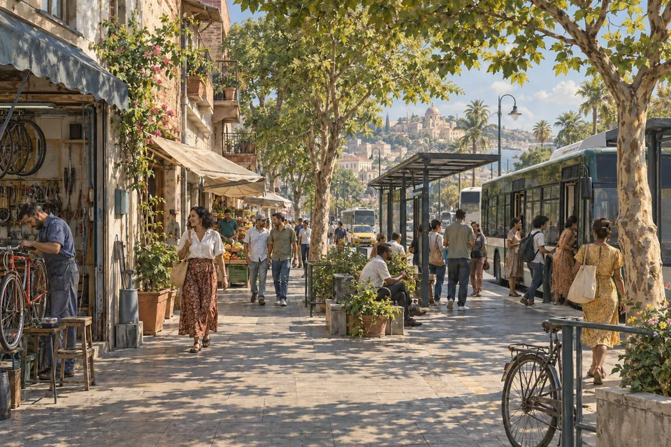 People, public transport, housing and workshops share a tree-lined street.
