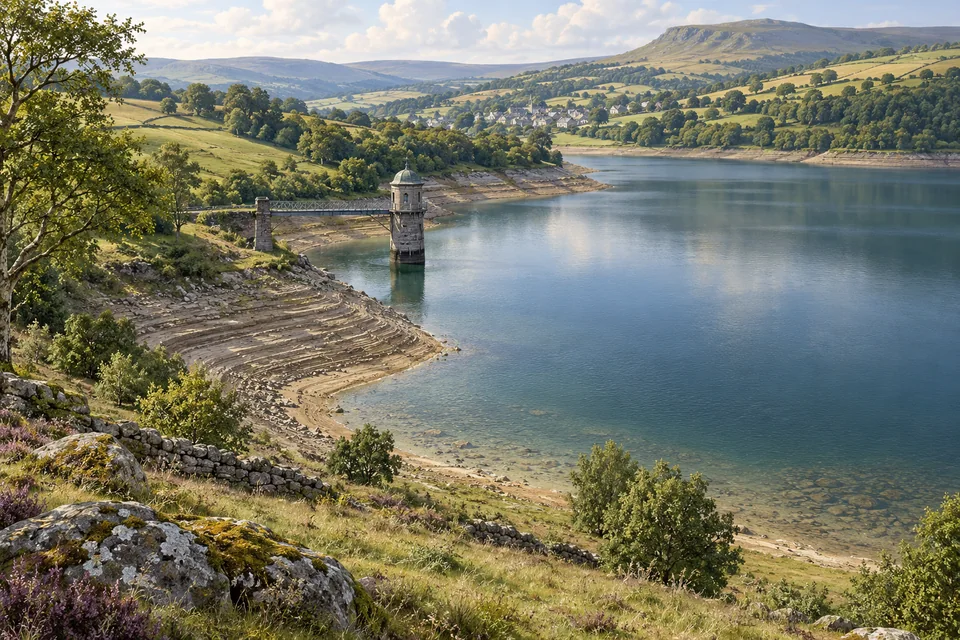 A reservoir has exposed shoreline terraces, an intake structure and surrounding settlements.