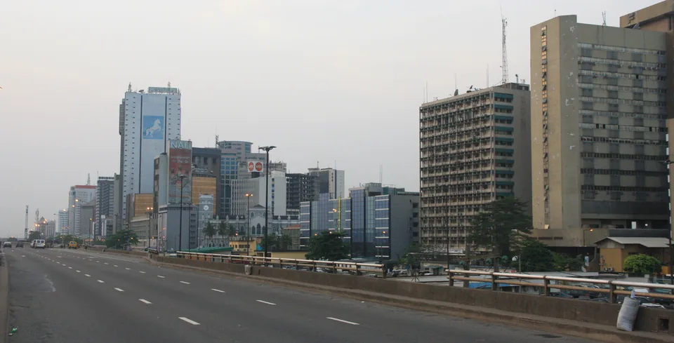Lagos skyline, 28 February 2015. The photograph shows part of the city; it does not establish living conditions across Lagos.
